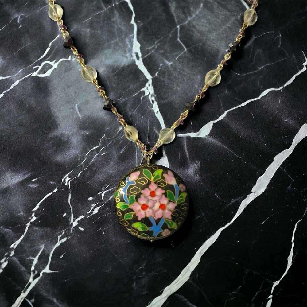 Artisan Painted Enamel Cloisonné Floral Black Medallion 2” Beaded Necklace 16”